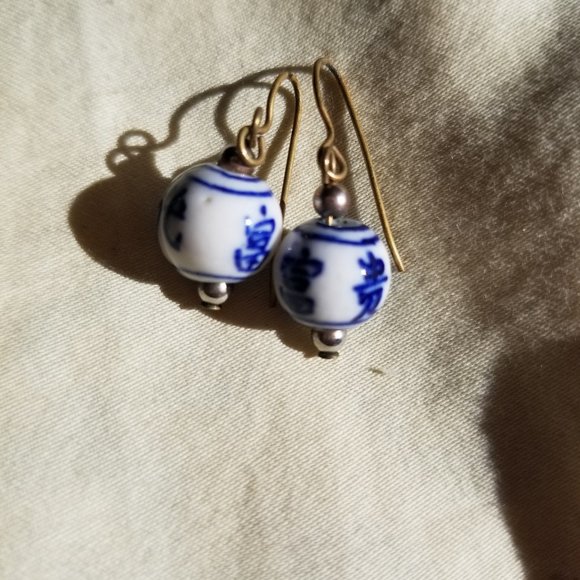 Hand-Painted Glass Bead Dangle Earrings - Picture 3 of 3